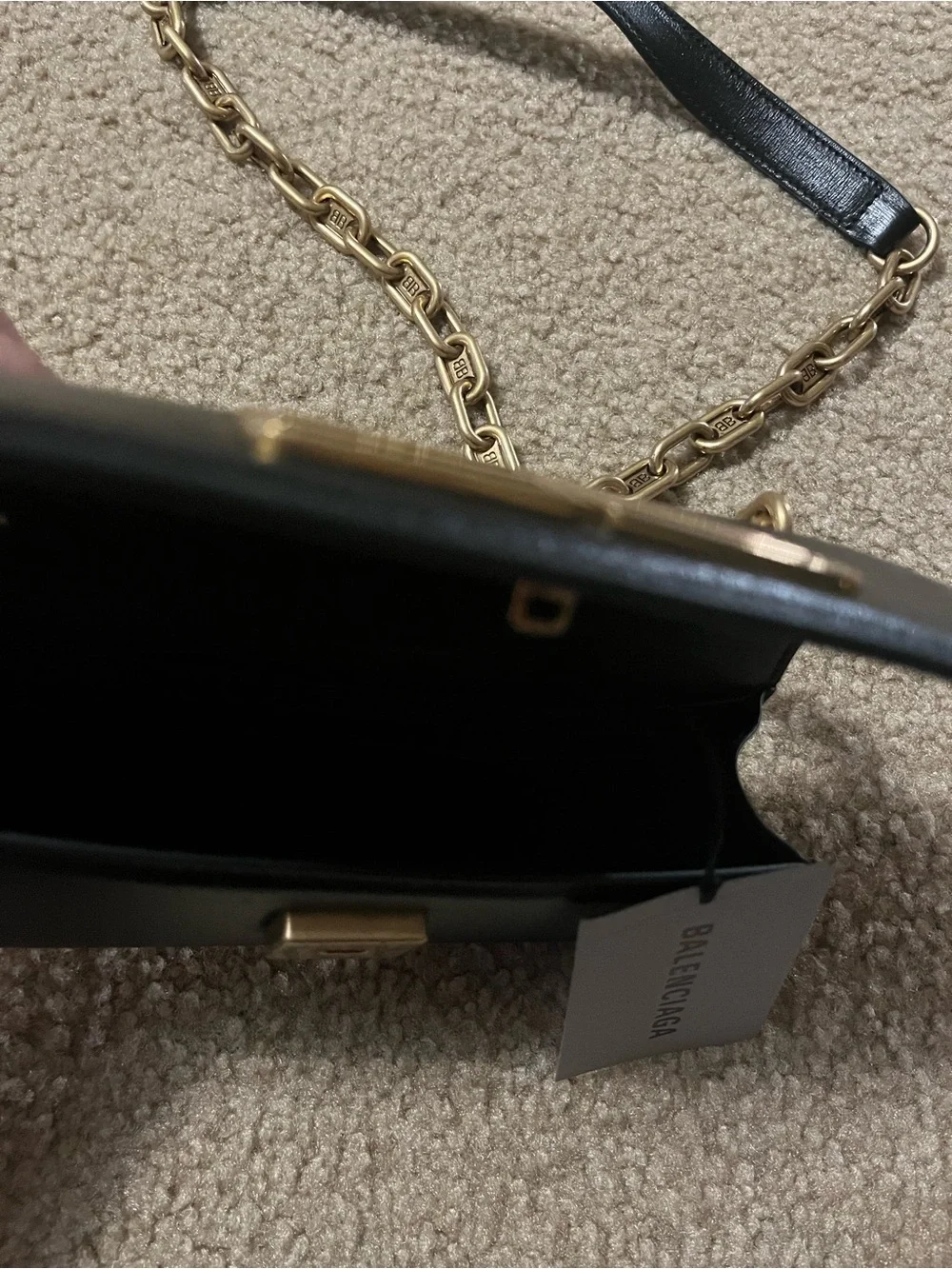 Balenciaga Black Leather Crossbody with Gold Chain and Logo